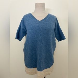 White + Warren Cashmere Knit powder blue and  Cream V-neck Short Sleeve Sweater